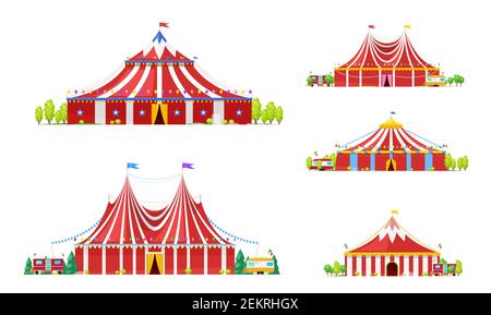 Zirkuszelt oder Faschingsfestzelt Vektor-Ikonen mit roten und weißen Streifen, offenen Eingängen und festlichen Fahnen, Luftballons, Ammer und Sterne. Vergnügungspark, Stock Vektor