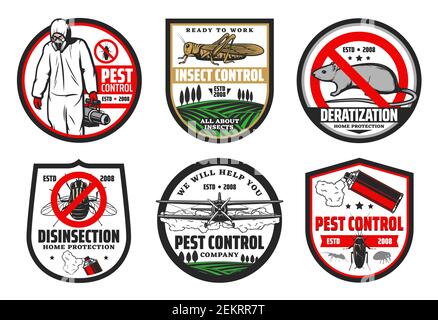 Schädlingsbekämpfung und Insektenbekämpfung, Deratisierung und Desinsektion isolierte Symbole. Vector Haus- und Ernteschutz, Exterminator in chemisch protextive unifor Stock Vektor