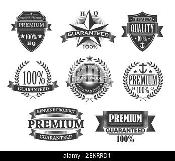 Symbole in Premium-Qualität, Produktkennzeichen und Garantieetiketten. Vector monochrome Gravurschilder, Qualitätszertifikate und 100 Prozent echtes Produkt sh Stock Vektor