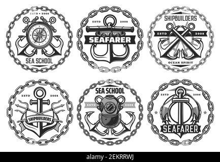 Seefahrer und Schiffsbauer, Marine und nautische Vektor-Symbole. Gekreuzte Anker, antike Tauchermaske, Dreizack- und Metallketten, Ompass und Lenkrad, Stock Vektor