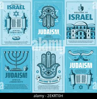 Israel und judentum Religion Vektor-Design, jüdische religiöse Symbole. Davidstern, Menora und thora, hebräisches Amulett von hamsa-Hand, Jerusalem, Dreidel Stock Vektor