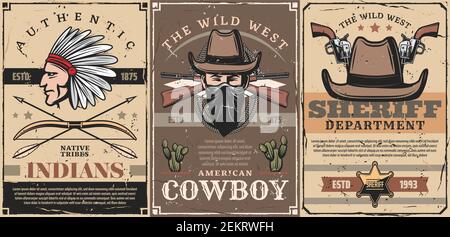 WESTERN Vintage Poster, Wild West Sheriff Sternabzeichen und Indianerhäuptling in Adlerfeder Kopfschmuck, Bogen und Pfeile. Vektor Western Cowboy Bandit oder Rob Stock Vektor