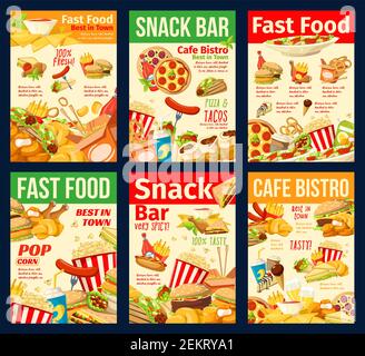 Snacks für Fast Food, Restaurant- und Bistromenü. Vector Hot Dogs und Burger, mexikanische Tacos, Nachos und Burrito, Nudeln, Pizza mit Limonade, Eis Crea Stock Vektor