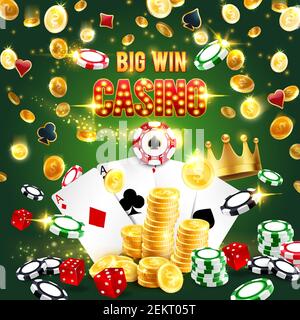Casino-Symbole, großer Gewinn in Glücksspielen. Vektor Poker Spielkarten und goldene Krone, Stapel von Blackjack-Chips und Spielautomaten Münzen. Vier Asse sp Stock Vektor