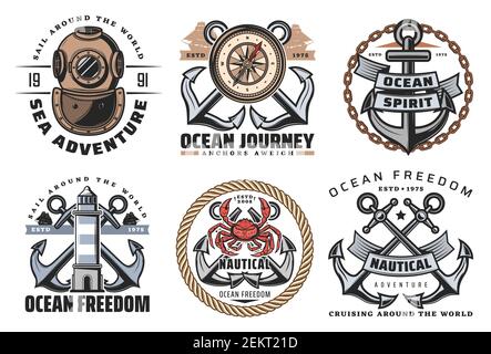 Vector Marine heraldische Symbole und Etiketten von gekreuzten Anker, Leuchtturm und vintage aqualung, Kompass und rote Riesenkrabbe. Schiffsanker, Ozeangeist A Stock Vektor