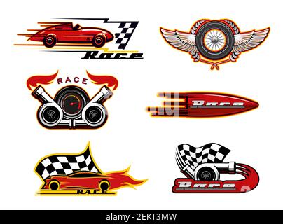 Auto- oder Autorennen Vektor-Ikonen des Motorsportdesigns. Rennwagen, Tachometer und Rennflagge, Fahrzeugmotor, Reifen und Räder Abzeichen, schmücken Stock Vektor
