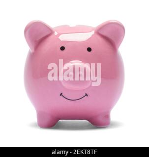 Pink Piggy Bank mit Lächeln Ausschnitt Vorderansicht. Stockfoto