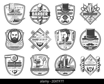 Barbershop Haarschnitt und Rasieren, Schneiden, Rasieren und Trimmen isolierte monochrome Symbole. Vector Männer Salon Zeichen und Friseur Shop Service-Symbole. Polbeschilderung, gen Stock Vektor