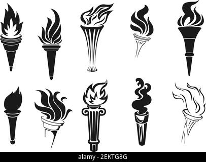 Vektorsymbole für Feuerbrenner. Vector brennende Flammen, Symbole des Wettbewerbs, Marathons und Rallye-Rennen, Zeichen der sportlichen Spiel Meisterschaft. Monochrom-Tor Stock Vektor