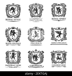 Symbole für heraldische Tiere. Mittelalterlicher Vektor Schild Embleme von Pferd, Löwe und Pegasus mit Flügeln. Heraldik Wappen, gryphon oder Greifvogel Vogel und Stock Vektor