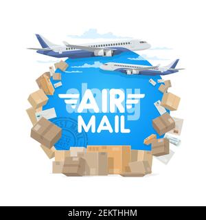 Luftpost, isolierter runder Rahmen von Paketen, Briefen und Flugzeug. Vector Flugzeug in Himmel und Fracht, Briefumschläge und Pakete, Fracht-Versand-Pakete, Stock Vektor