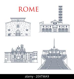 Rom Sehenswürdigkeiten, italienische Architektur und berühmte Sehenswürdigkeiten. Vector Kirche Santa Maria in Cosmedin und Aracoeli, Basilika St. Croce i Stock Vektor