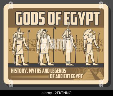 Götter von Ägypten retro Gottheiten Statuen. Vector alten Ägypten Religion und Kultur Symbole, Ra und Anubis, Amun und Horus, Hieroglyphen und Schatz. Mann Stock Vektor