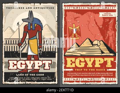 Ägypten Retro-Schätze und Antiquitäten, Reise zu Oase und Land der Götter. Vektor Anubis ägyptischen gott und kairo Pyramiden, Sphinx und goldenen Adler Mantel des Arms Stock Vektor