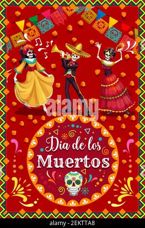 Tanzende Skelette von Catrina und Mariachi mit Day of the Dead Zucker Schädel. Vector Skelette mit Musik Festival Sombrero und Flamenco-Kleid, Ringelblume Stock Vektor