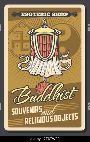 Buddhistische Esoterik Shop, buddhismus religiöse Retro-Symbole. Vektor Dhvaja Flagge oder traditionelle Sieg Banner, Yin Yang und Swastika Zeichen. Lotusblume, Stock Vektor