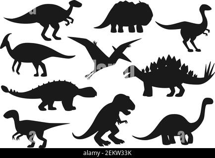 Dinosaurier-Ikonen, Jurassic Park Dino Monster Silhouetten. Vector Isolate t-rex Tyrannosaurus, Brontosaurus und Triceraptoren, Velociraptor und Pterodac Stock Vektor