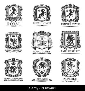 Wappentiere, königliche Wappentiere mit Drachen und mittelalterlichen Kreaturen. Vektor Pegasus Pferd und Löwe, kaiserliche Krone und heraldic Fleur de Lis Stock Vektor