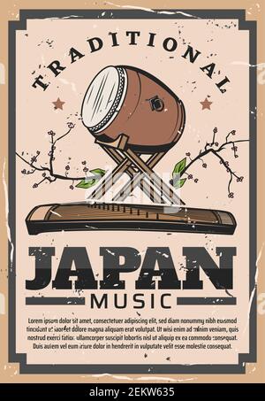 Japanische Kultur und Traditionen, nationale Musikinstrumente Schlagzeug Taiko Drum und Koto. Vektor Japan berühmte Symbole, Reise-Wahrzeichen und Touristen Stock Vektor