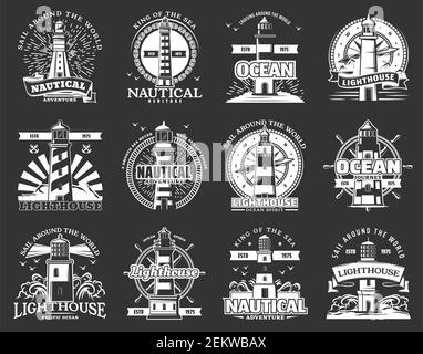 Nautischer Leuchtturm monochrome Ikonen Design. Vector Meeresabenteuer, Seebeacons mit Lichtstrahlen, Lenkrad und Möwen. Segelnavigation sy Stock Vektor