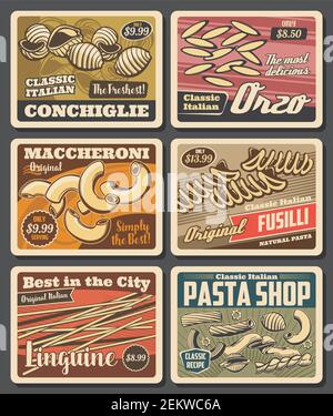 Italienische Pasta Retro Poster mit Vektor Makkaroni, Spaghetti und Linguine, Fusilli, conchiglie und rigatoni, elichie, Orzo und Tagliatele. Pasta-Shop, Stock Vektor