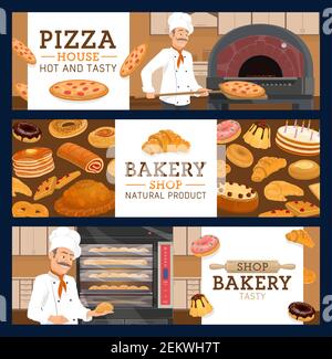 Bäckerei und Konditorei, Pizza-Haus oder Pizzeria Vektor Banner. Bäcker mit Brot, Croissant und Kuchen, Cupcake, Donut und Bagel, Muffin, Pie und süß Stock Vektor