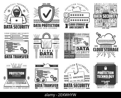 Cloud-Speicher, Schutz von Internetdaten und -Austausch, Web-Phishing und Hacking. Vector Cloud-Speicher und Hosting-Server-Netzwerk-Technologie, Stock Vektor