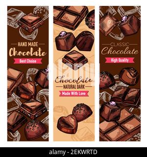 Schokolade Bonbons, handgemachte Desserts. Vector Süßwaren, Kakao Süßigkeiten von dunkler Schokolade mit Nüssen und Karamell. Schoko-Leckereien, natürliche schwarze Schokolade Stock Vektor
