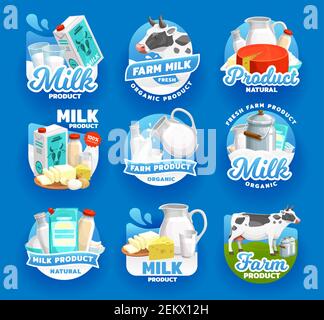 Vektorsymbole für Milch und Milchprodukte. Natürliche Bio-Milchviehhaltung Milch spritzen in Glas Tasse aus Krug, Käse und Butter, Firmenzeichen oder p Stock Vektor