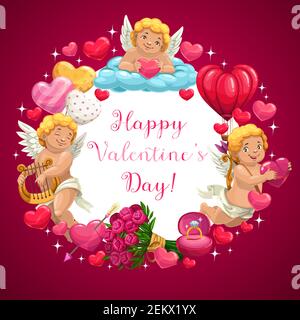 Happy Valentine Tag Kalligraphie Gruß in Engel, Herzen und Liebe Pfeile Rahmen. Vektor Valentine Heißluftballon, rosa Rosen Bouquet und Amor mit Stock Vektor