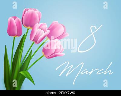 8 März Blumen Vektor Grußkarte von Frauen Tag Urlaub Design. Frühling Tulpen Blumenstrauß von rosa blühenden Blumen und grünen Blättern. International Stock Vektor