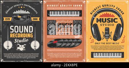 Musikinstrumente und Tonaufnahme Studio Ausrüstung Retro-Plakate mit Vektor-Noten. Vintage Mikrofon, Kopfhörer und Schallplatten, dr Stock Vektor
