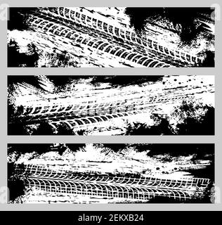 Off Road Motorsport Grunge Hintergründe mit Autoreifen Spuren. Fahrzeugprotektor Gummitreads, Motorrad-Räder verschmutzte Markierungen und Rennwagen Reifen trai Stock Vektor