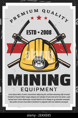 Bergbauausrüstung, Bergarbeiterhelm mit Lampe und gekreuzten Axt-Picks. Vector Retro Bergbau Industrie, Kohle, Metalle und Gold Produktion und Verarbeitung. Absaug Stock Vektor
