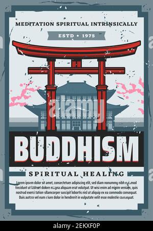 Japanische Religion, Shinto traditionelle Symbole vintage Poster. Vector reines Land, Nichiren und Shingon Buddhismus und Zen Anbetung Kultur, japanischer Tempel Stock Vektor