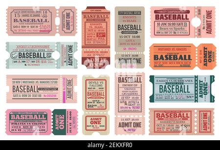 Baseball Sport Spiel Retro Tickets Vorlagen gesetzt. Team Competition Cup oder Sport Event Eingang vintage Pass. Baseball-Meisterschaft Papiertickets, zugeben Stock Vektor