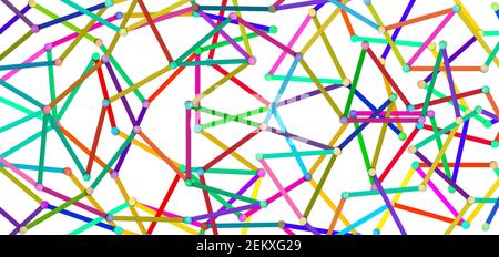 Darstellung des Verbindungs- und Kommunikationskonzepts. Mehrfarbige abstrakte Linien mit Stiften, die sich miteinander verbunden haben. Bunte Linien auf Weiß. Stockfoto