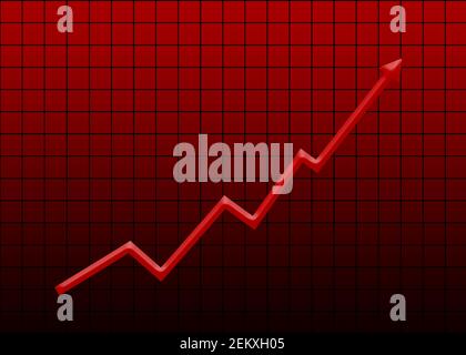 3D Red Arrow Rising in Red Graph Grid. Unternehmenswachstum, steigende Börse und Gewinn, Financial Progress Konzept Stockfoto