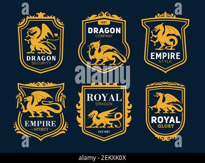 Königliche heraldische Ikonen mit Drachen, Märchenmonster. Wappen mit goldenen Drachen Silhouetten, Aufzucht geflügelten mythologischen oder Fantasy-Tier. Co Stock Vektor