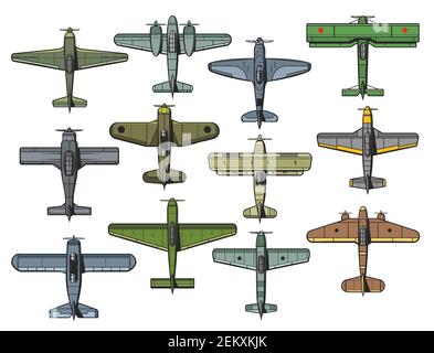 Retro militärische und zivile Flugzeuge isoliert Vektor-Set. Air Force vintage Kämpfer, Bomber und Transportflugzeug. Alte monoplane und biplane Propeller Stock Vektor