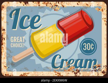 Eisdiele Dessert rostiger Metallteller. Gefrorener Saft oder Sorbet Popsicle auf Holzstab Vektor. Gelateria oder Café Dessert Vintage Banner mit Retro Stock Vektor