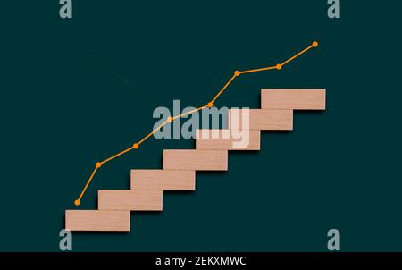 Stairway Business Graph von 3D Holzblöcken gemacht. Finanzielles Wachstum Treppe Konzept. Wachsen Schritt für Schritt. Stockfoto