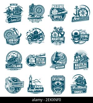 Marine Segeln und nautische Reise Symbole gesetzt. Segelboot Lenkrad, Vintage Tauchanzug Helm und Anker, Ozeanarium Meerestiere, Rettungsstation Stock Vektor