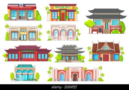Nationale Küche Restaurants Vektor Gebäude. Italienisch, mexikanisch und spanisch, indisch, japanisch und chinesisch, koreanisch, thailändisch oder französisch, arabisch Stock Vektor