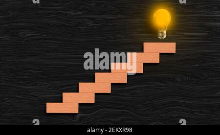 Aufsteigende Grafik-Diagramm mit Glühbirne leuchtet auf der Treppe, Erfolg Prozess Konzept, Zielerreichung. Stockfoto