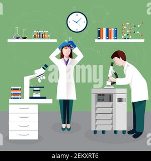 Wissenschaftler Menschen und Laborzusammensetzung mit Forschern mit Kolben und Eine Vektorgrafik des Mikroskops Stock Vektor