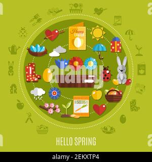 Helles buntes Konzept mit verschiedenen Frühlings- und osterfeiertagsikonen Auf grünem Hintergrund flache Vektorgrafik Stock Vektor