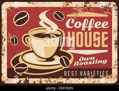 Dampfende Kaffeetasse Vektor rostig Metallplatte, Kaffeehaus retro Promo Poster mit Tasse und Dampf, braun heiß frisch gebraten Getränk Grunge Rost Zinn Zeichen. Stock Vektor