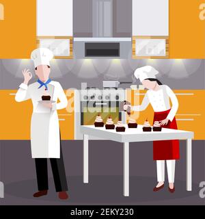 Flat Kochen Menschen in Restaurant Zusammensetzung mit Kochen Kuchen an Die Küche in Bäckerei Vektor-Illustration Stock Vektor