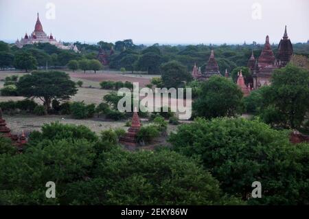 Blick Landschaft Ruinen Stadtbild Weltkulturerbe mit über 2000 Pagoden und Htilominlo Tempel Blick von Shwesandaw Paya Pagode in Morgenzeit bei B Stockfoto